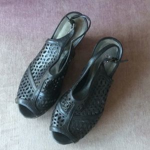 Black peep toe wedge sandals size 7.5